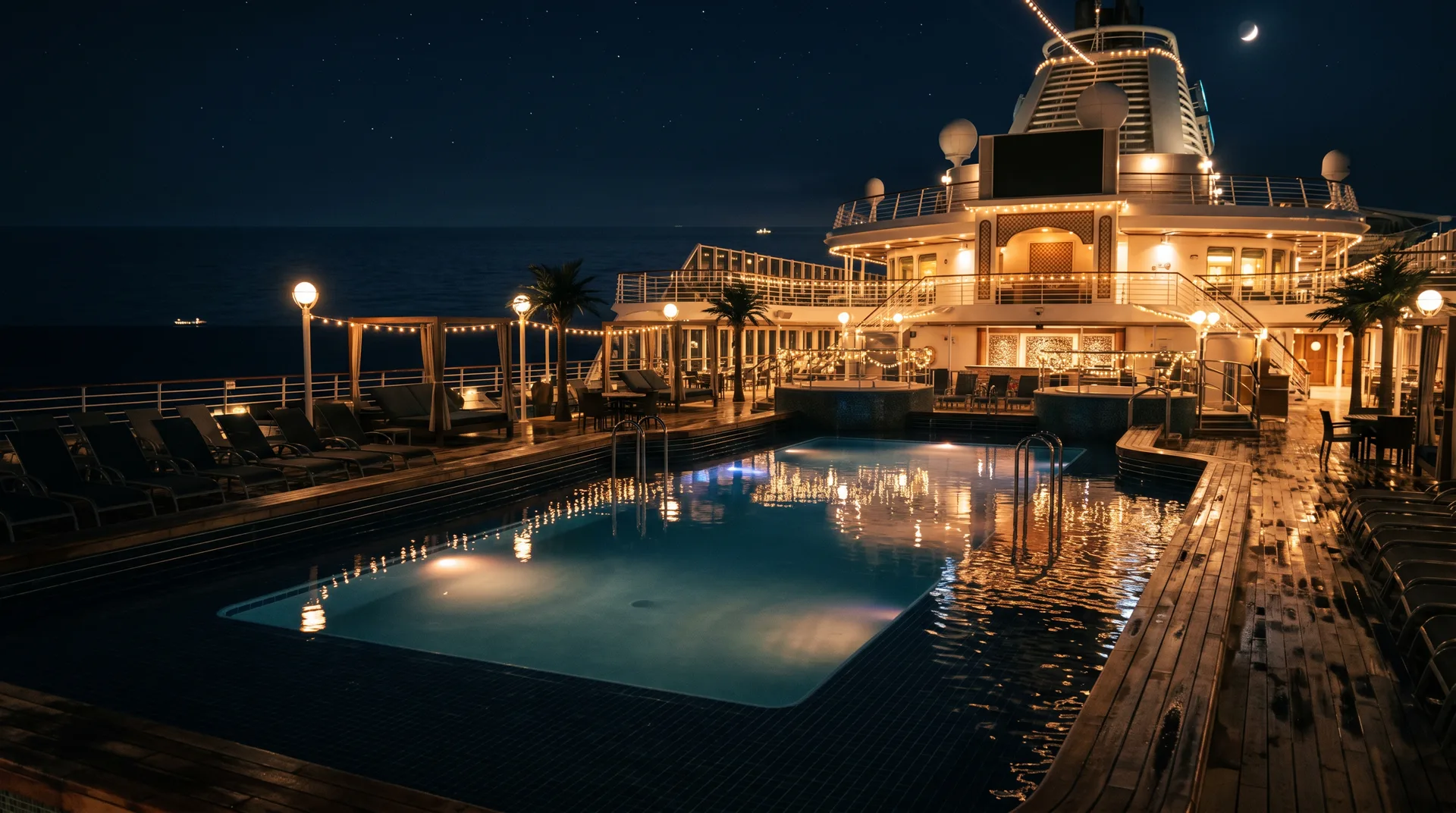 Pool deck at night