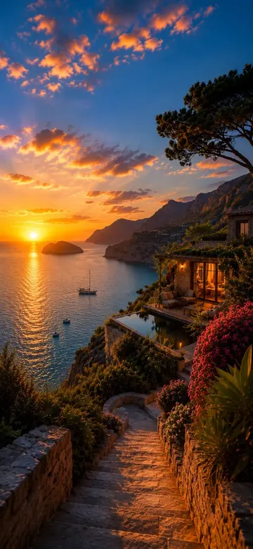 Mediterranean coast at golden hour with villa terrace overlooking the sea