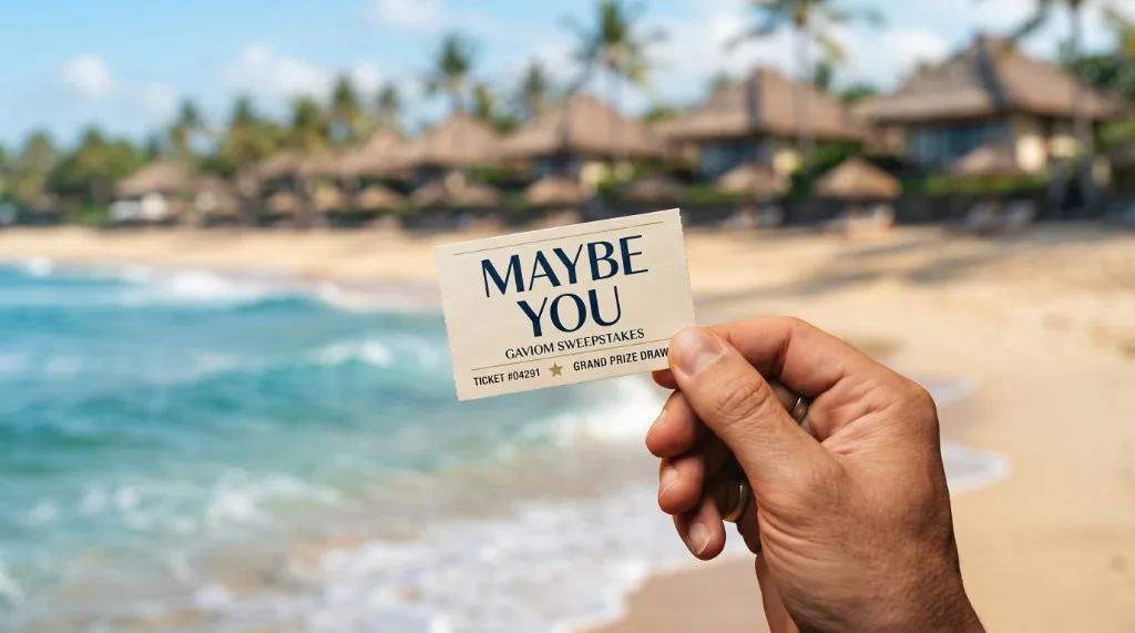 Hand holding a Gaviom sweepstakes ticket, Maybe You, tropical beach in the background